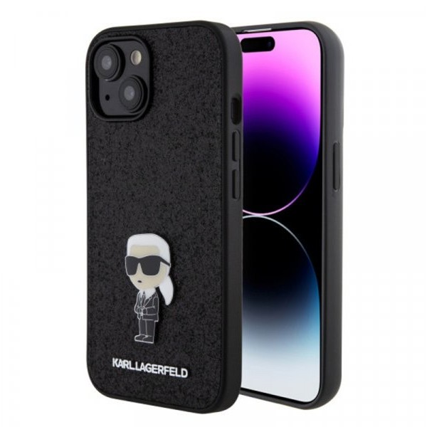 KARL LAGERFELD Maska za iPhone 15 IKONIK FIXED GLITTER IKONIK LOGO METAL PIN BLACK