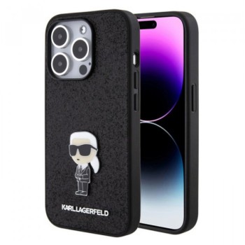 KARL LAGERFELD Maska za iPhone 15 Pro IKONIK FIXED GLITTER IKONIK LOGO METAL PIN BLACK