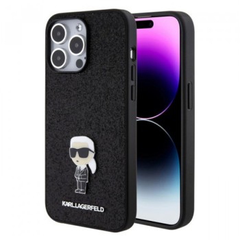 KARL LAGERFELD Maska za iPhone 15 Pro Max IKONIK FIXED GLITTER IKONIK LOGO METAL PIN BLACK