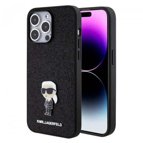 KARL LAGERFELD Maska za iPhone 15 Pro Max IKONIK FIXED GLITTER IKONIK LOGO METAL PIN BLACK
