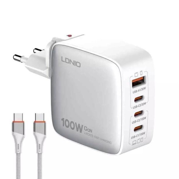 LDNIO Q408 GaN 100W 4x USB Kućni punjač sa USB C kablom beli