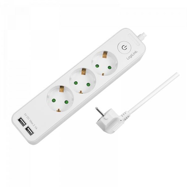 LOGILINK Produžni kabl 3 mesta, 2 USB, prekidač, 1.5m, beli (4782)