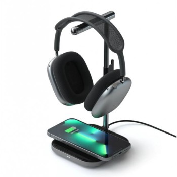 SATECHI 2-IN-1 Headphone Stand w Wireless Charger USB-C (Cable inc., Adapter not inc.) - Space Grey)