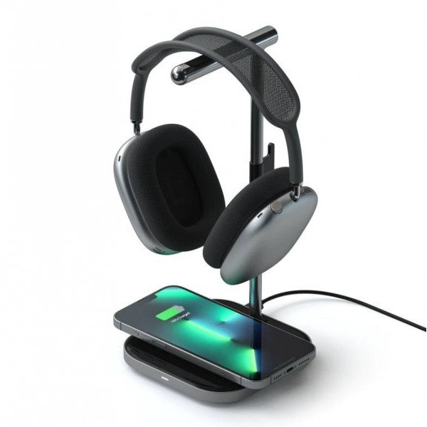 SATECHI 2-IN-1 Headphone Stand w Wireless Charger USB-C (Cable inc., Adapter not inc.) - Space Grey)
