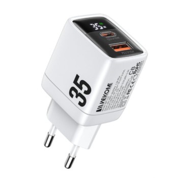 WEKOME WP-U25 Super brzi Strujni GaN Punjač, 2-porta USB (3.0 i 3.1 Tip-C) 35W, sa displejom, beli