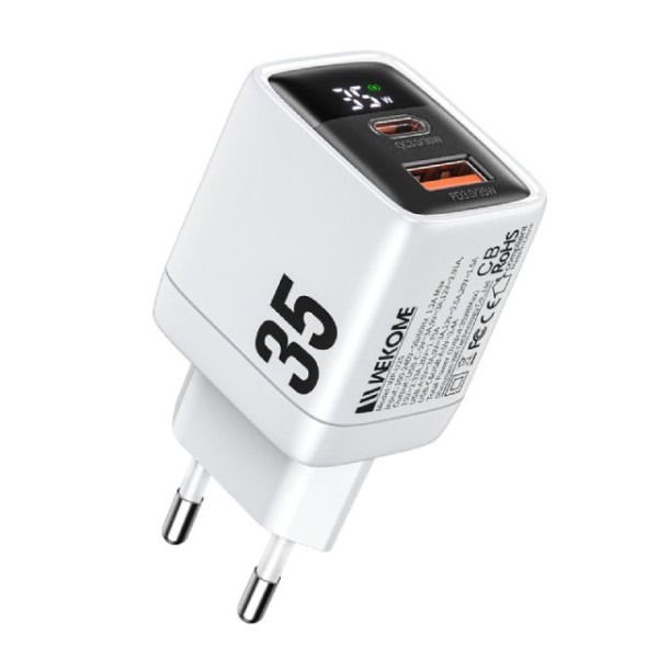 WEKOME WP-U25 Super brzi Strujni GaN Punjač, 2-porta USB (3.0 i 3.1 Tip-C) 35W, sa displejom, beli