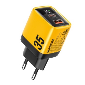 WEKOME WP-U25 Super brzi Strujni GaN Punjač, 2-porta USB (3.0 i 3.1 Tip-C) 35W, sa displejom, žuti